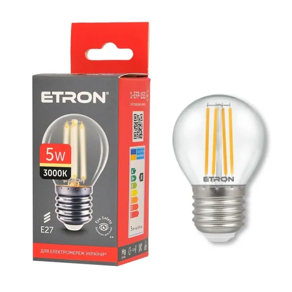 LED лампа 5W G45 E27 3000K тепле світло, прозоре скло